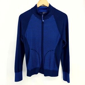 REI Full‎ Zip Cardigan Womens M Blue Striped Coolmax Mock Neck Jacket Sweater